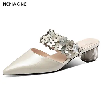

Nemaone Flower 4cm high heels ladies Slippers genuine leather poined Toe Summer shoes woman Slip on Slippers Muller Shoes