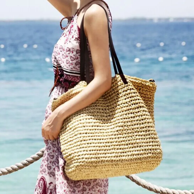 Bolso de playa de verano para mujer bolso de ratán tejido hecho a mano paja de gran capacidad bolso de hombro de cuero nuevo bohemio|Bolsos de hombro| - AliExpress