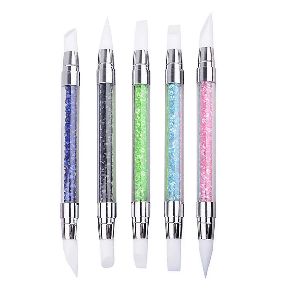 1 PCS 2-Way Use Silicone Head Nail Art Brush Rhinestone Acrylic Handle Dual-end Sculpture Pens for Emboss Carving Manicure Tools