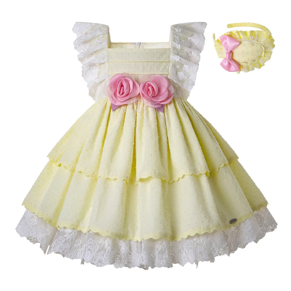 

Pettigirl Ligth Yellow Dress Girl Princess Lace Sleeve Summer Dress Wholesale Kids Clothes Headband Dropshipping G-DMGD203-23