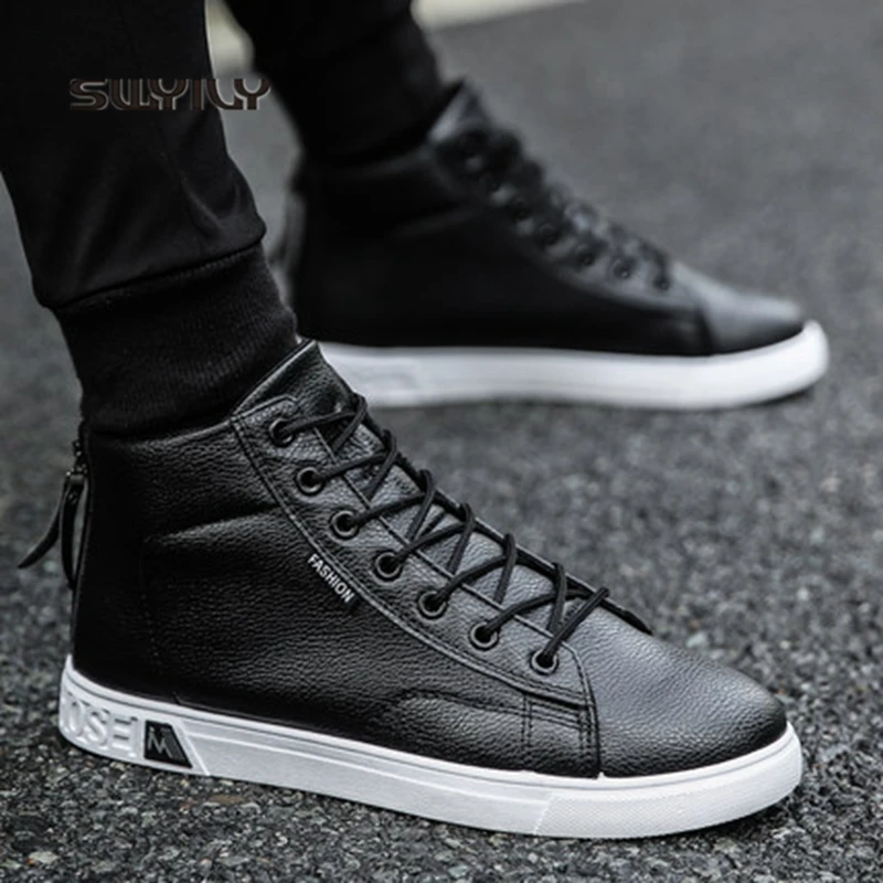 SWYIVY Men Sneakers Leather High-top Lace-up 2018 New Anti-slip Hard-wearing Masculino Skateboarding Shoes Homme Sport Shoes