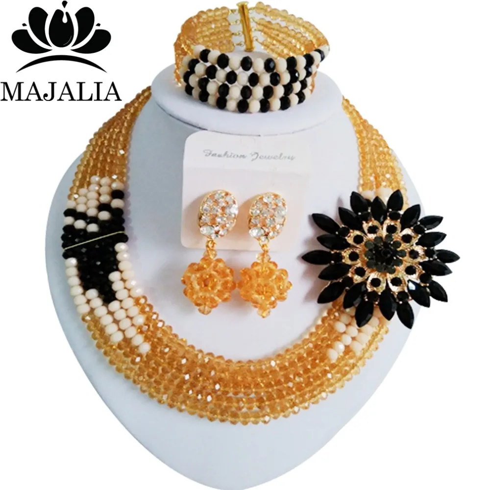 

Majalia Fashion Nigeria Wedding African Beads Jewelry Set Gold champagne and Black Crystal Necklace Bridal Jewelry Set 5VU040