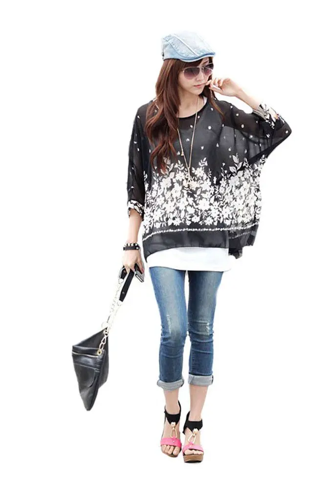 Womens Floral Batwing Sleeve Chiffon Beach Loose Blouse Tunic Tops | Женская одежда