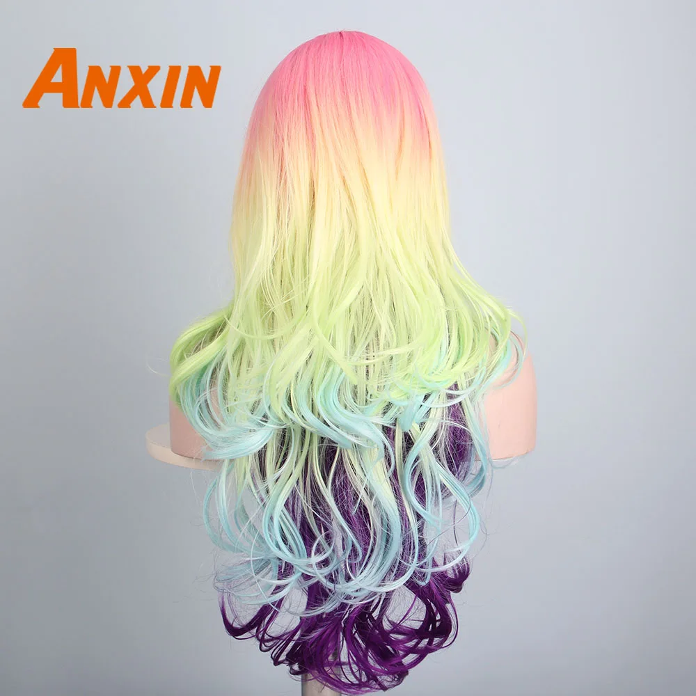Anxin Длинные волны воды парик радужного цвета для девочек аниме косплей синтетический парик
