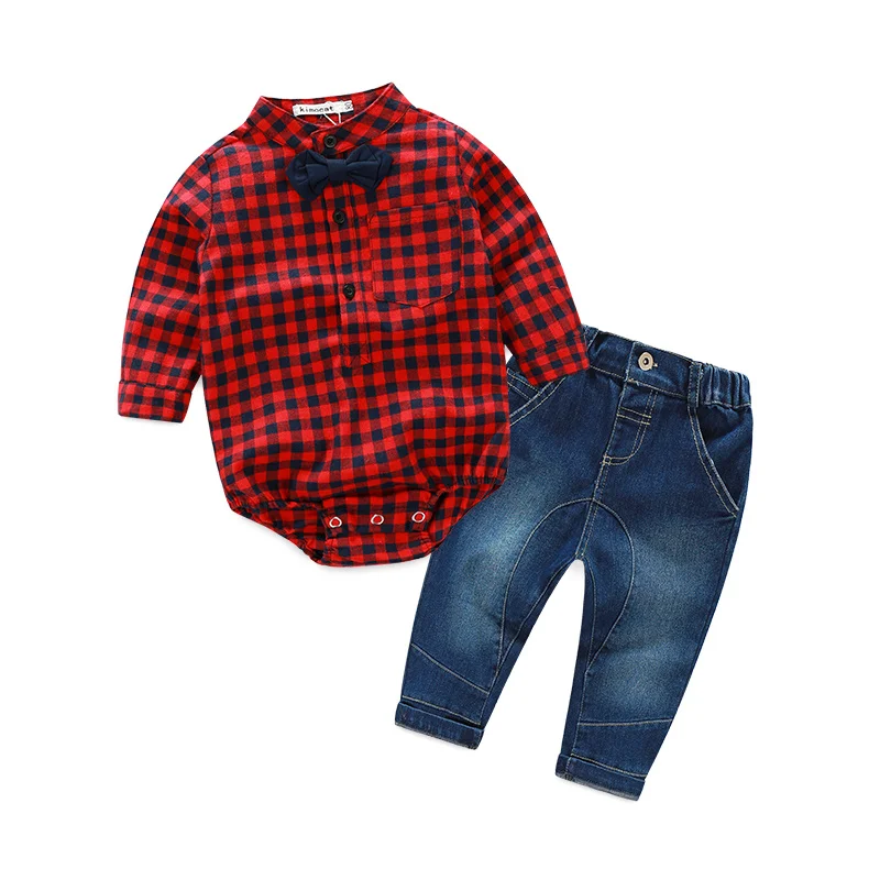 [Lucky& Lucky] baby boys clothing set plaid rompers with bowtie + demin pants fashion baby boy clothes newborn baby clothes