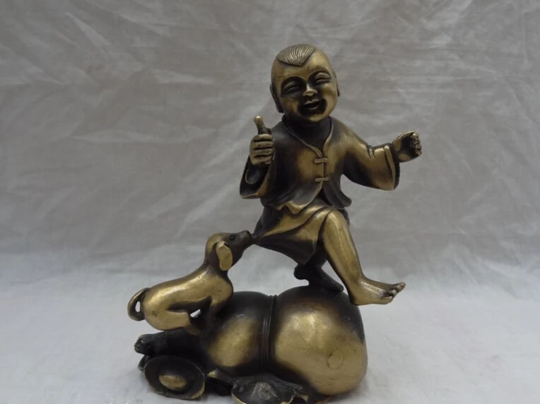 

S3021 Folk Chinese Bronze Run Dog Happy Kid Child On YuanBao Gourd Statue Sculpture D0317