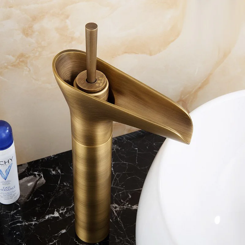 Antique Brass Bathroom Basin Faucet Waterfall Spout Mixer Tap Deck Mount Single Hole Mixer Tap KD738 Antique Brass Bathroom Basin Faucet Waterfall Spout Mixer Tap Deck Mount Single Hole Mixer Tap KD738