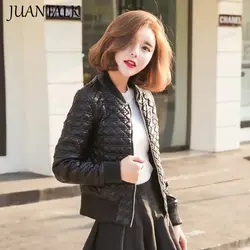 Juantalk 2017 зимняя линия хлопковая Стеганая Кожаная куртка женщин короткий тонкий дизайн утепленная кожаная куртка бейсбольная кожаная одежда