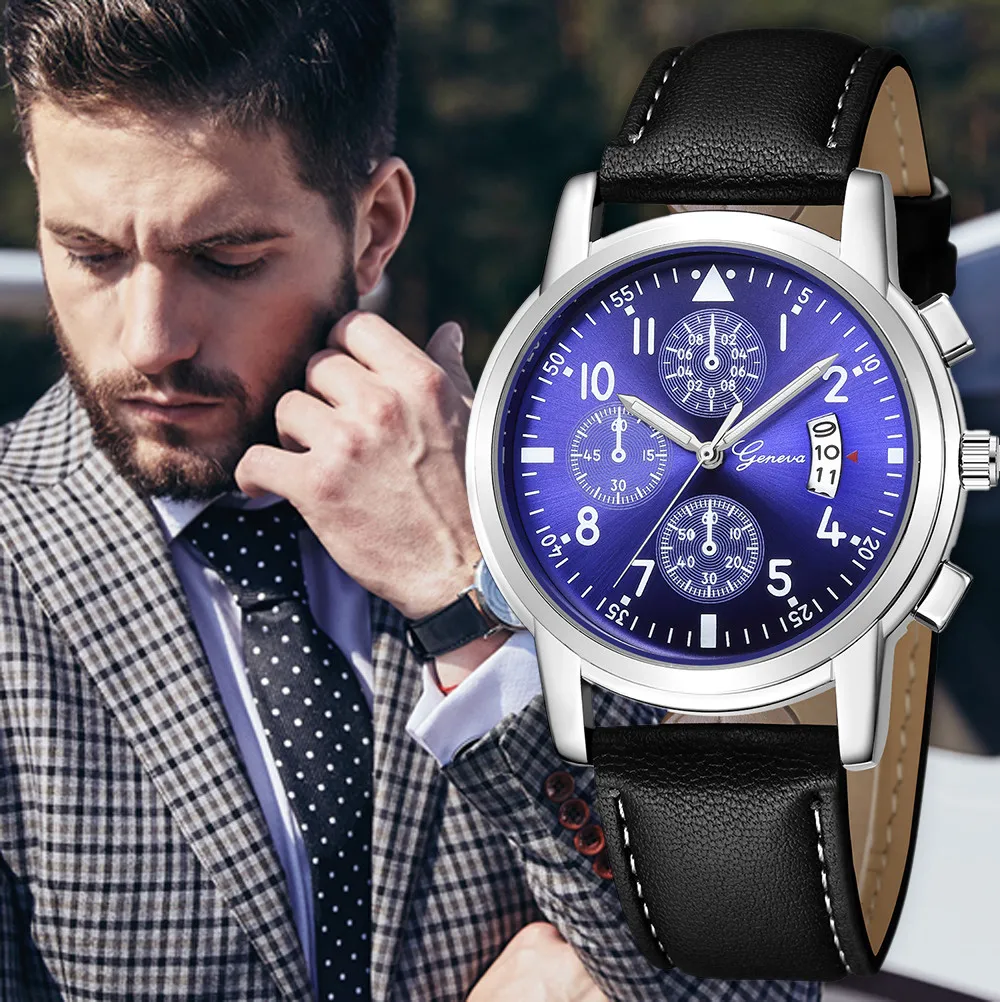 

Geneva Luxury Branad New Fashion Men's Watch Leather Band Date Analog Quartz Diamond Men Clock Wrist Watches orologio uomo