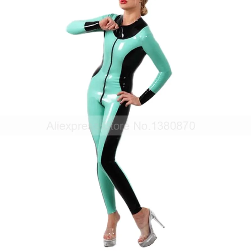 

Female Latex Tights Bodysuit Sexy Colorblock Latex Catsuit with Front Zip S-LC234