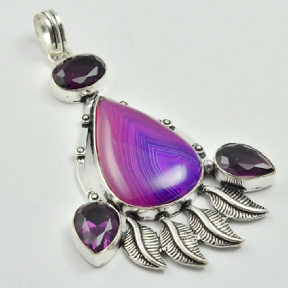 

Botswana Agates & Amethysts Pendant Silver Overlay over Copper , 76 mm, P3115