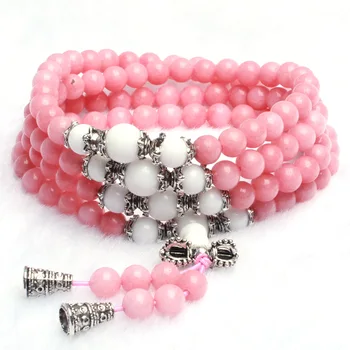 

Natural Stone Pink Chalcedony Bracelet Round Bead Silver White Shell Lucky Bangle Women Crystal Quartz Jewelry Love Energy Gift