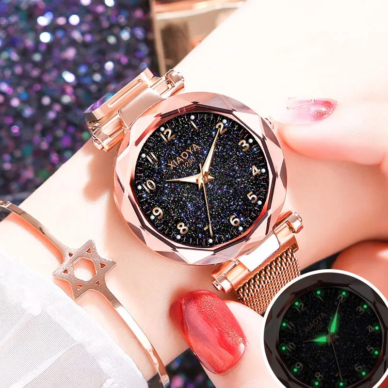

Luxury New Gold Watches Women Fashion Starry Sky Wristwatches Mesh Magnetic Strap Waterproof Quartz Watches Montre Femme 2019