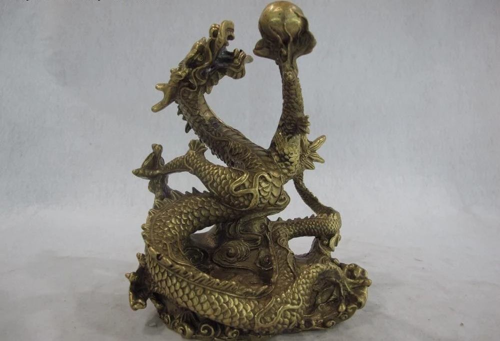 

China Royal Feng Shui Brass Copper Auspicious Zodiac Fly Dragon Play Ball Statue