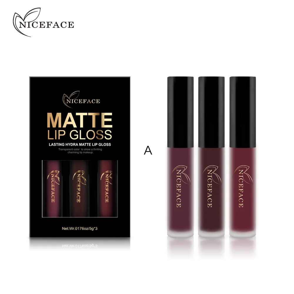 

Niceface 3pcs/set Mixed Colors Lip Gloss Kit Matte Nude Non Sticky Liquid lipstick Charming lips Perfect Gift Women Beauty TSLM2