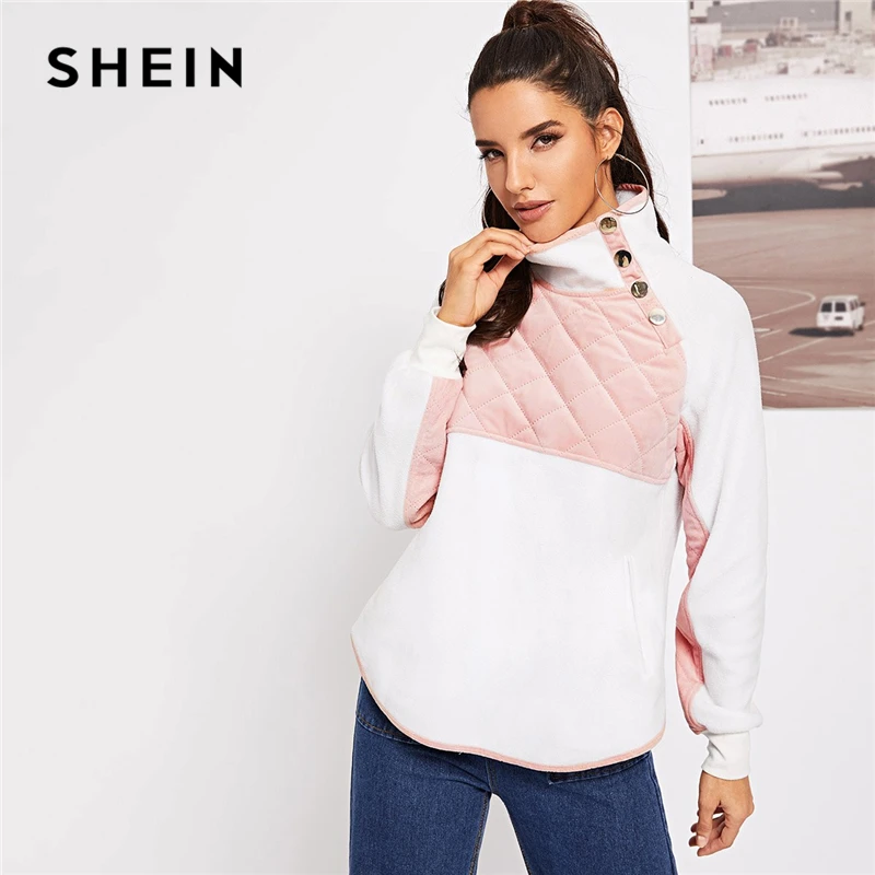 SHEIN الأبيض عارضة Colorblock زرر عالية الرقبة اثنين من لهجة مبطن السترة البلوز الخريف الحد الأدنى النساء بلوزات SHEIN الأبيض عارضة Colorblock زرر عالية الرقبة اثنين من لهجة مبطن السترة البلوز الخريف الحد الأدنى النساء بلوزات
