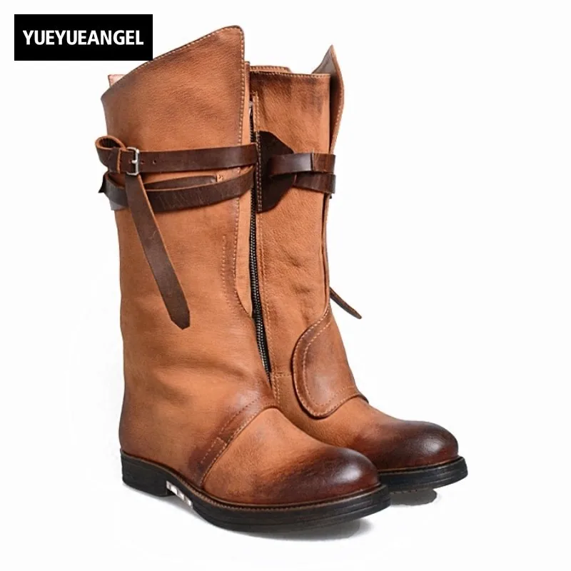 

Vintage Belt Buckle Half Boots Women Street Flat Platform Round Toe Genuine Leather Knight Boots Winter Cotton Bota Feminina