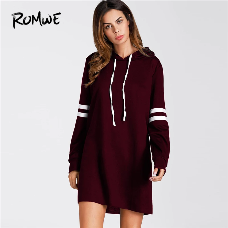 

ROMWE Burgundy Drawstring Varsity Striped Hoodie Dress Women Casual Autumn Hooded Long Sleeve Clothing Straight Sweatshirt Dress