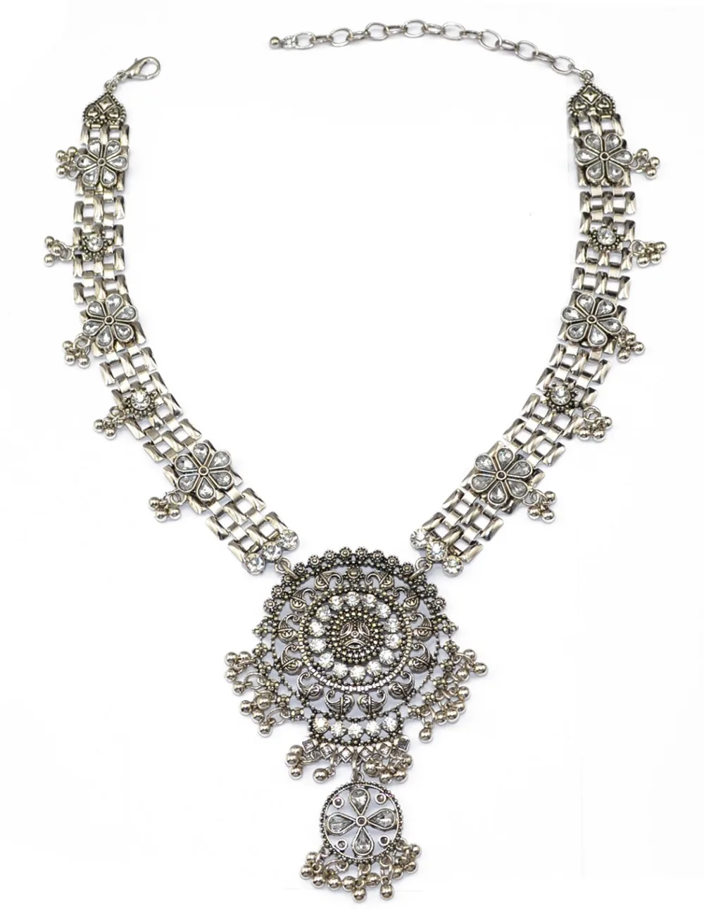 Latest fashion silver necklace, long crystal vintage silver costume