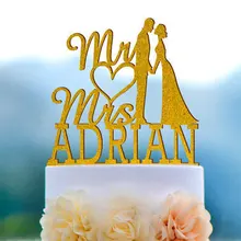 Пользовательские блеск свадебный торт Топпер Mr& Mrs пара силуэт с Жених и невеста фамилия цвет на выбор