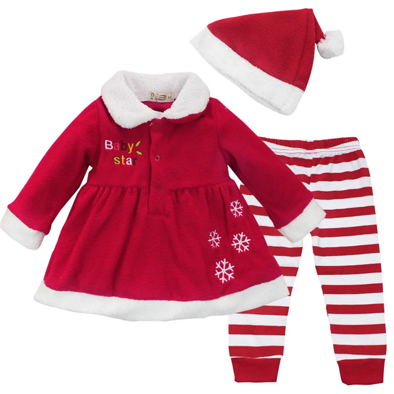 Зимнее платье для новорожденных и маленьких девочек, рождественский подарок, топ+ штаны в полоску+ шапочка, комплекты одежды для малышей, размеры 9-24 мес
