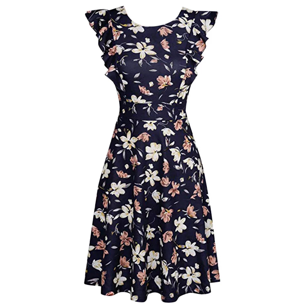 

Joineles Brand New Women Floral Summer Dress Round Neck Short Sleeves Ruffles Sundress Beach Casaul Boho Tunic Robe Vestidos