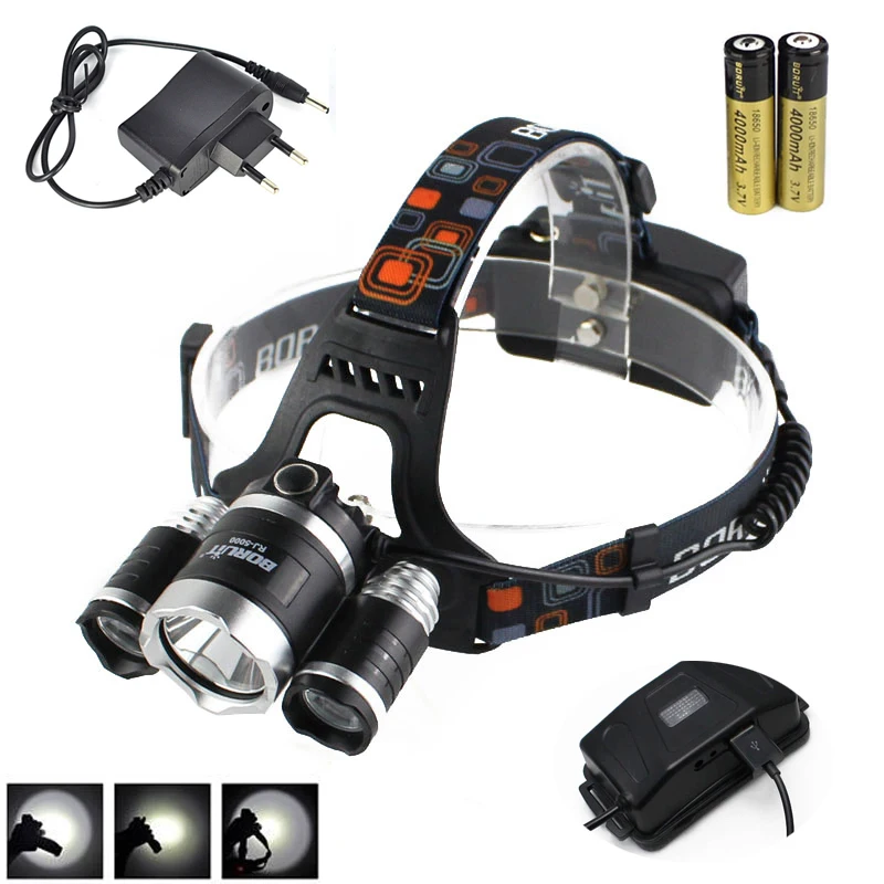 Boruit 8000LM 3X XM L2 LED Headlight Headlamp Head Torch USB Lamp+18650