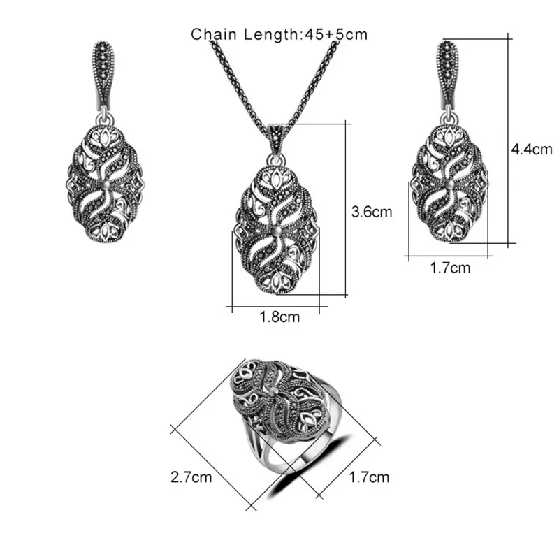 Sellsets, винтажные женские ювелирные изделия из античного серебра, черные кристаллы, цветок, модное ожерелье, серьги, кольцо, набор для женщин