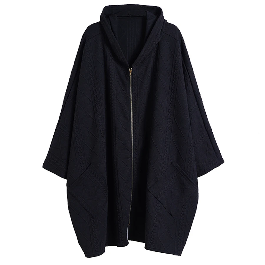 2019 Korean New Autumn Winter Bat Sleeve Woolen Coat Fat Plus Size Long Hooded Loose Cardigan Jacket Women 5Zc0146F | Женская одежда