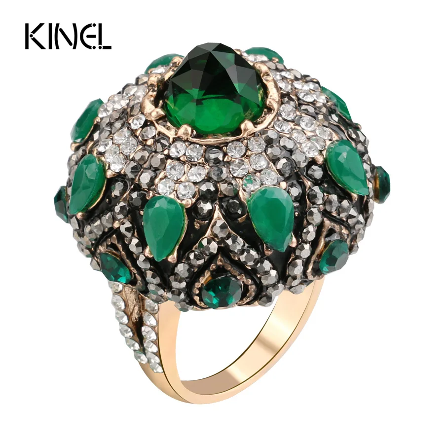 Kinel уникальное натуральное кольцо с зеленым камнем для женщин винтажное античное Золотое Хрустальное цветочное большое кольцо Рождественский подарок турецкое ювелирное изделие