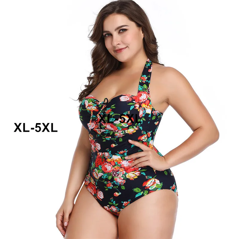 

Big Size 5XL One Piece Swimsuit Print Swimwear Women Bathing Suit Vintage Pool Beach Wear High Elastic Bandage Swimsuit XL-5XL