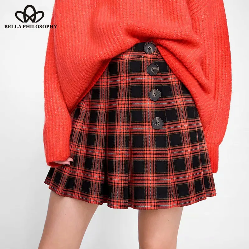 Wonder 2018 new autumn Vintage Mini Skirts Retro Female Single Button A-Line Skirts Casual Lady High Waist Plaid Skirts Bottoms