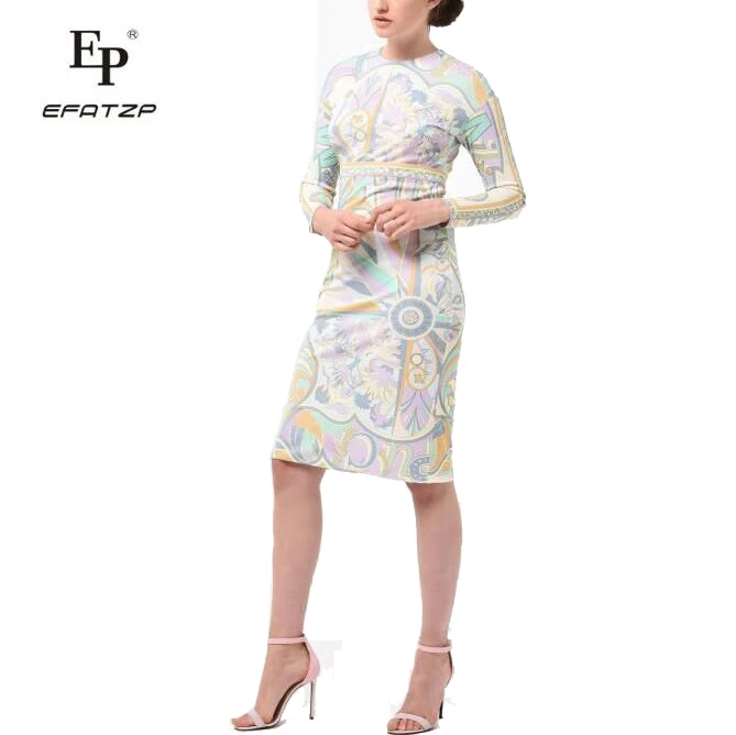 

EFATZP Newest Fashion Designer Dress Women's Long Sleeve Elegant Geometric Print Stretch Jersey Silk Day Dress