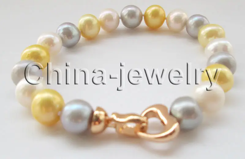 

Free shipping >>>>>>8" 10-10.5mm white gold gray round freshwater pearl bracelet - GP clasp