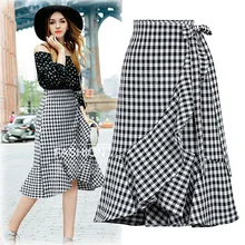 Женщина плед оборками юбки женские пояса лук леди юбка Street Wear Lady Труба Русалка