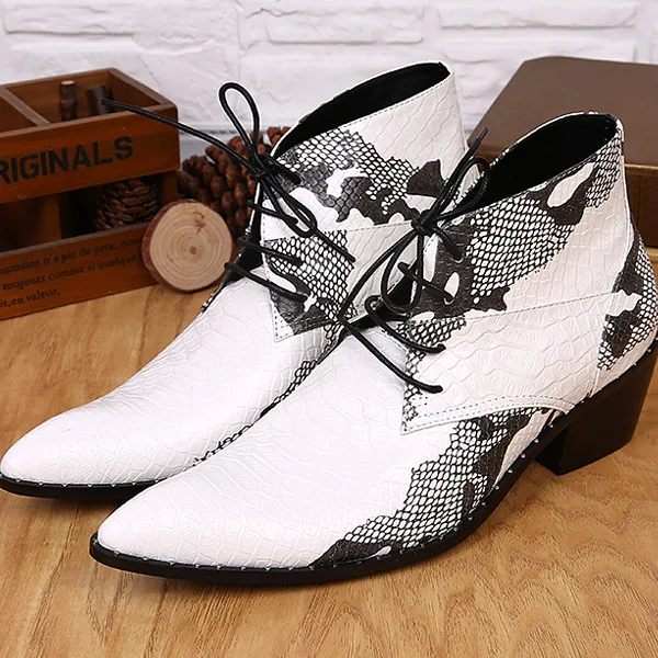 

Men Fashion Snake Skin Pattern Pointed Toe Party Prom Boots Breathable Dress Shoes Ankle Boots Cowboy Boots White