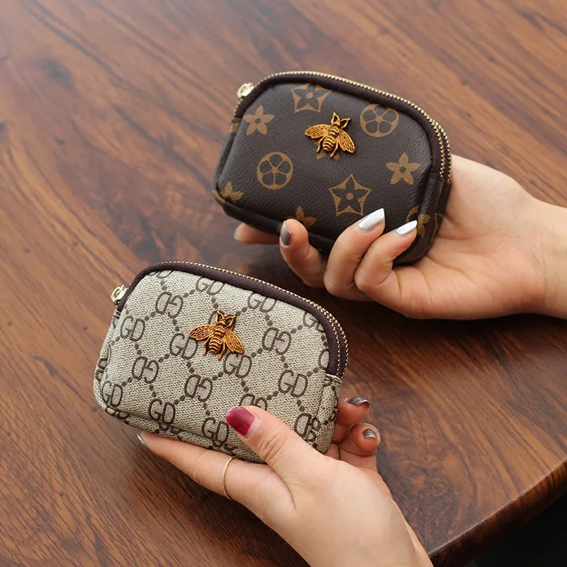 

New Printed Zipper Lady's Short Purse Mini Bee Hardware Soft Leather Coin Bag
