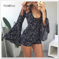 Пикантные для женщин моно печати тощий Playsuit эластичный Low Cut Глубокий V кружево до шорты для комбинезон с длинными расклешенными рукавам