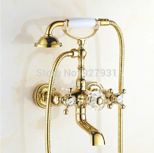 

Wall Mount Bathroom Tub Mixer Faucet Golden Dual Handles Bathtub Faucet with Handheld Shower