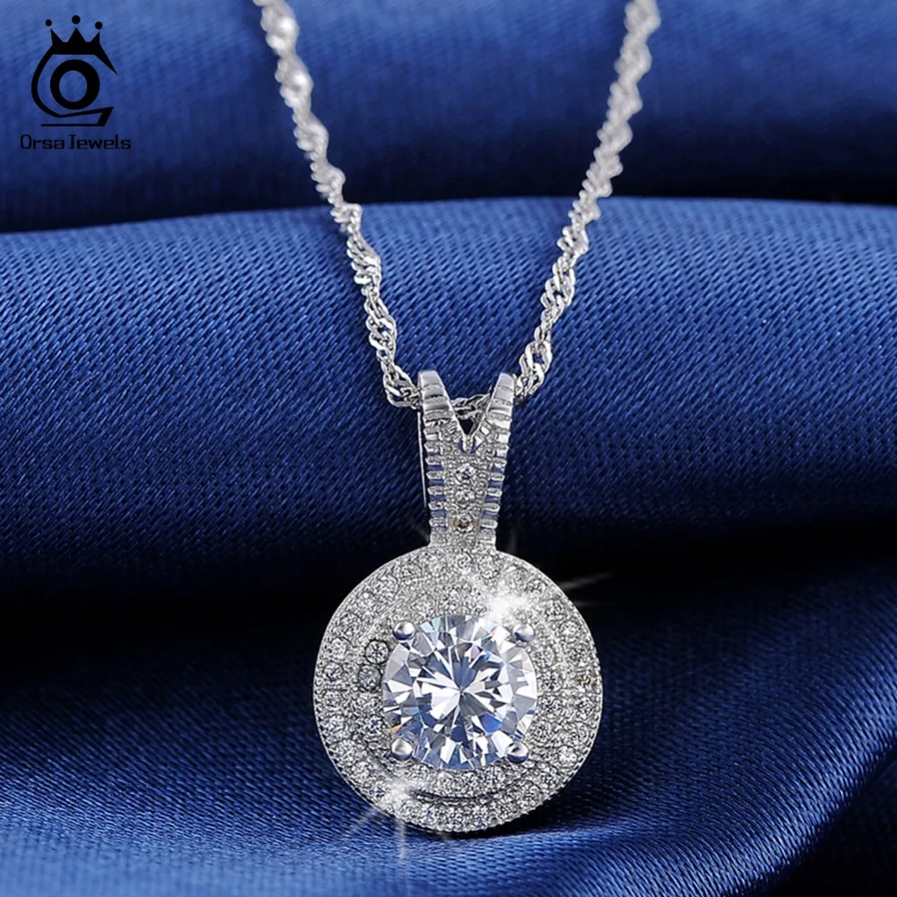 

ORSA JEWELS New Arrival Wedding Pendant Necklace 1.25 ct Heats and Arrows Cut AAA Zircon Micro Pave CZ Necklace For Women ON87