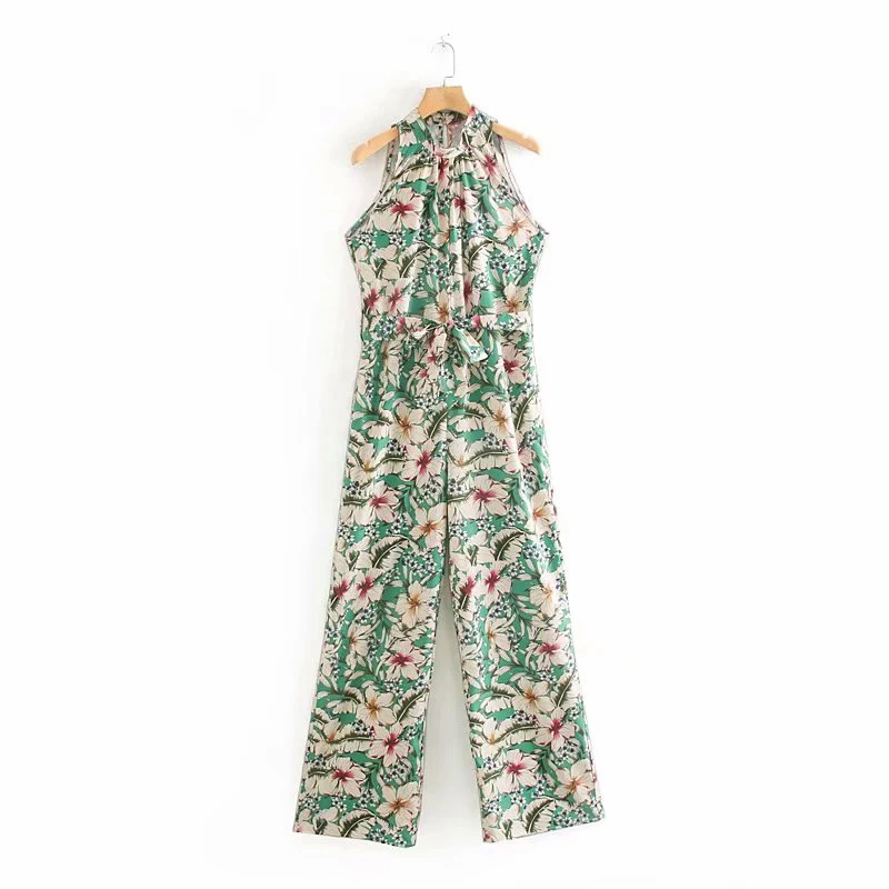 

Summer Casual High Waist Jumpsuit Sleeveless Printing Women Halter Pants Rompers Womens Jumpsuit Floral Lace up Full Length