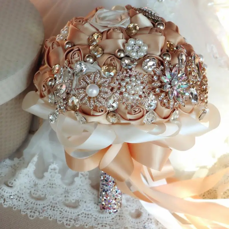 Champagne Wedding Bouquet For Bride Crystal Rhinestone Bridal