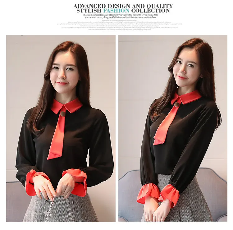 Women Blouses New 2019 Casual Autumn Shirt Elegant Bow Long Sleeve Tops Patchwork Chiffon Blusas Mujer OL Office Blouse (8)