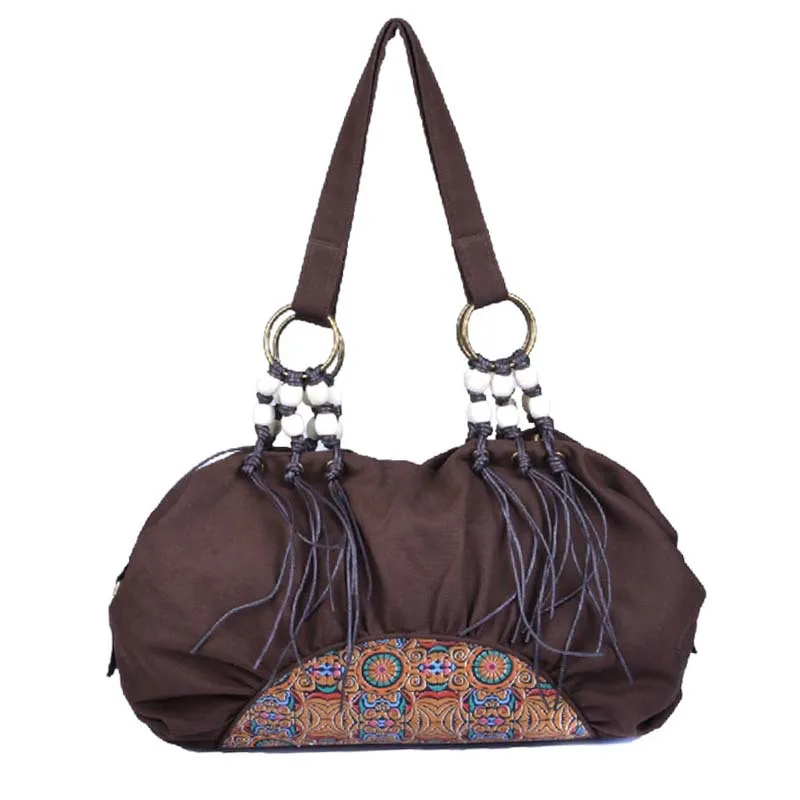 Retro Style Women Canvas Casual Canvas Hobos Handbag Tassel Ladies Beading Top handle Soft ...