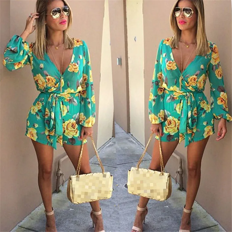

New Fashion Women Floral Printing Jumpsuits Ladies V Neck Long Sleeve Clubwear Playsuit Summer Casual Jumpsuit Romper