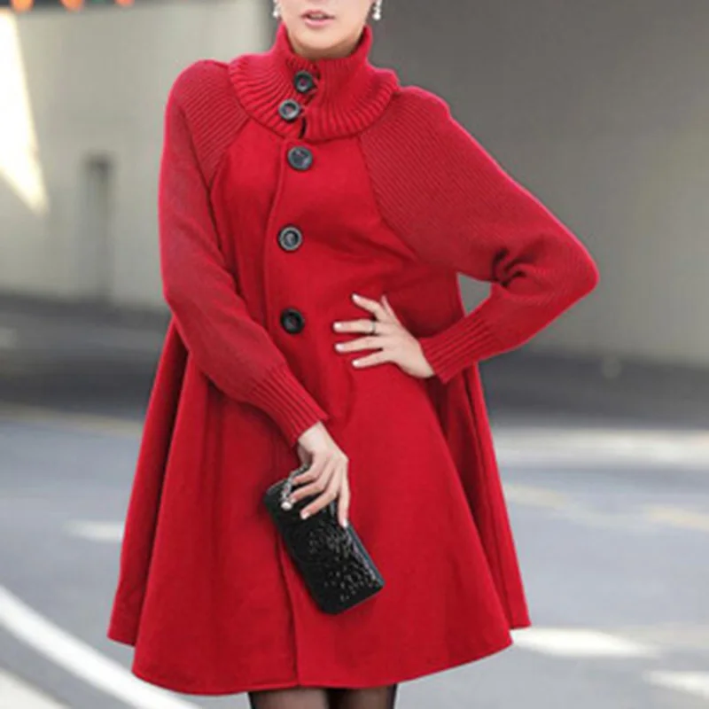Весенне-осенняя верхняя одежда с длинным рукавом, пальто с высоким воротником, однобортное Женское пальто, ветровка, Зимний плащ, вязаное шерстяное пальто - Цвет: red