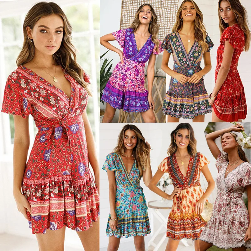 

yashangyi Plus Size Summer Dress Printed Bohemian Beach Women A-Line Dresses Short Sleeve V-Neck Tunic Girl Dress Dames Jurken
