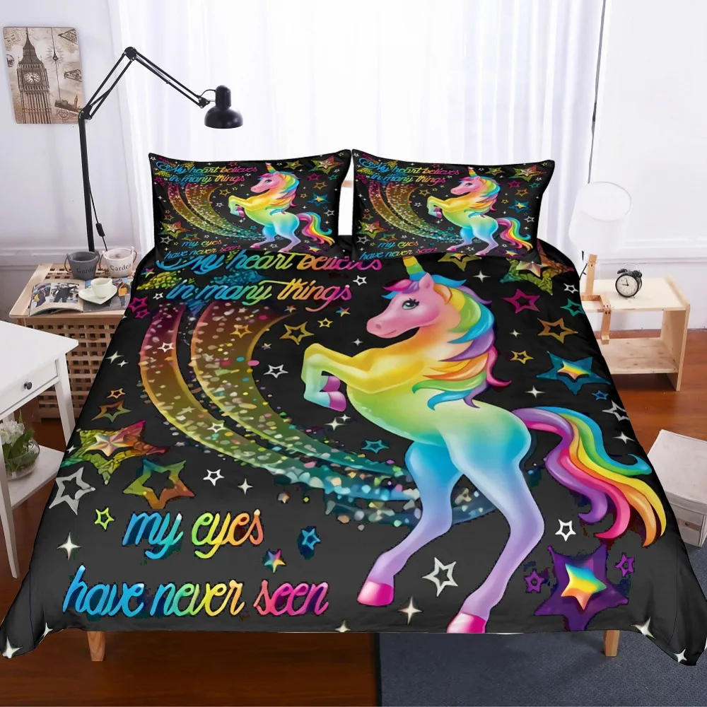 

Dropshipping Duvet Cover 3PCS Rainbow Unicorn Fairytale with Sparkling Stars 3D Digital Printing Bedding Sets Black Background
