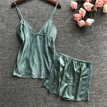 

2020 Summer Lace Trim 2PCS Sleepwear Women V-Neck Sexy Pajama Pyjama PJ Set Satin Strap Top&Shorts Sleep Suit Loungewear