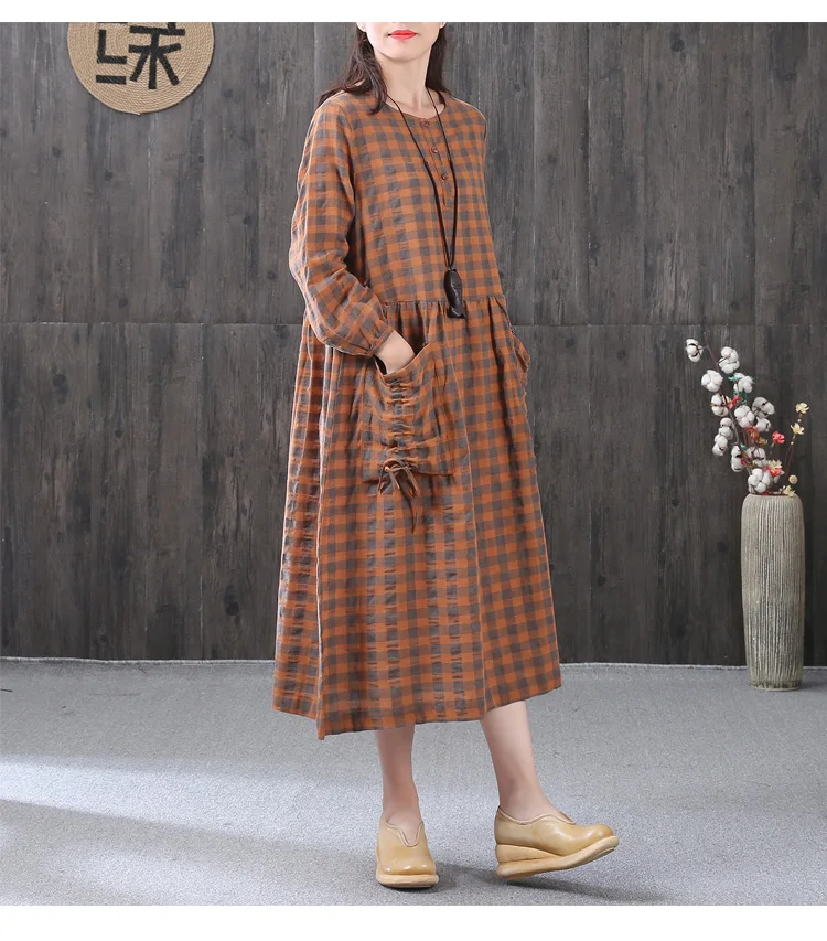 

plaid Personality large pockets sash long sleeve loose vintage dress mori girl